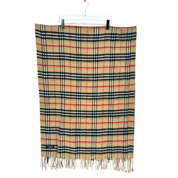 Burberry XL Cashmere Fringe Wrap Scarf Classic Tan Nova Check Plaid - Picture 4 of 7